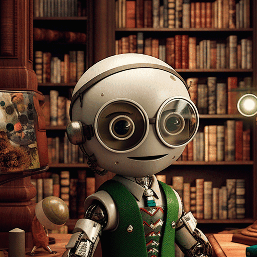 Mr. Chamberlain, an AI butler robot with large round eyes wearing a green vest, standing in a Victorian library